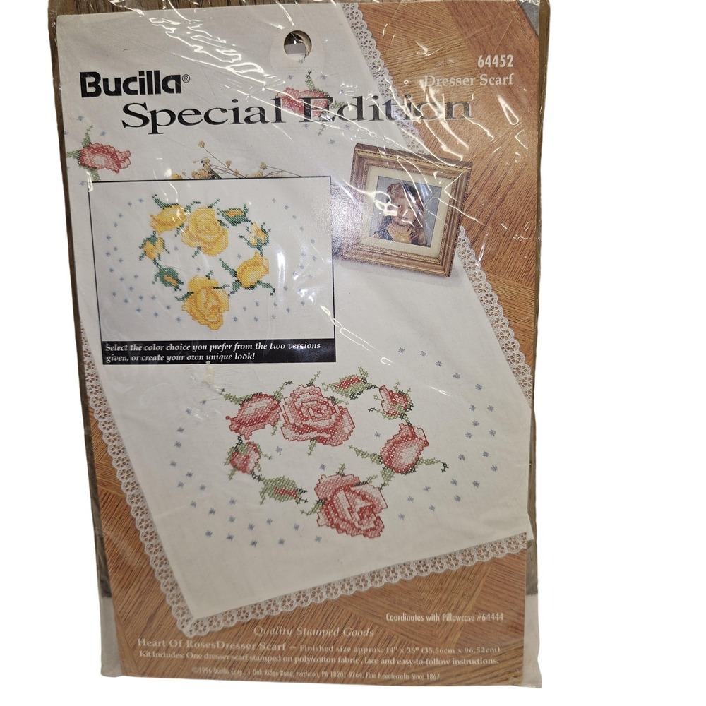 Vintage Bucilla Heart of Roses Dresser Scarf Stamped Cross Stitch Kit‎ 64452